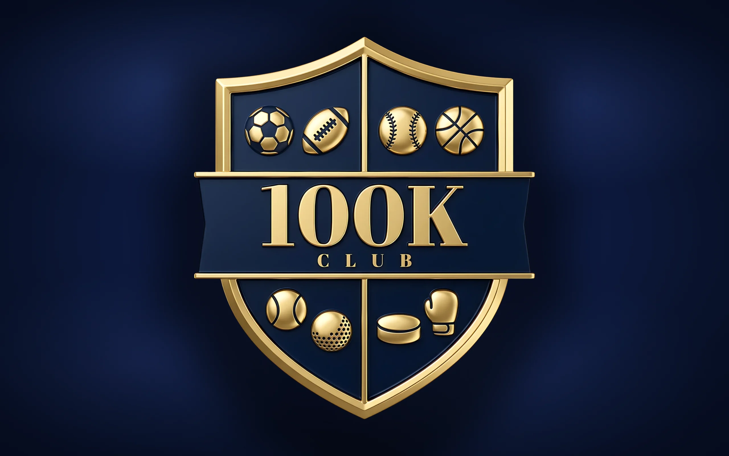 The gold 100K Club crest centered on deep navy with a soft back glow.