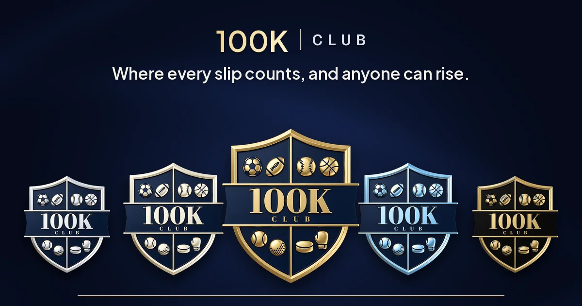 The five 100K Club rank crests in silver, pale gold, gold, ice blue and black lacquer, under the line "Where every slip counts, and anyone can rise."