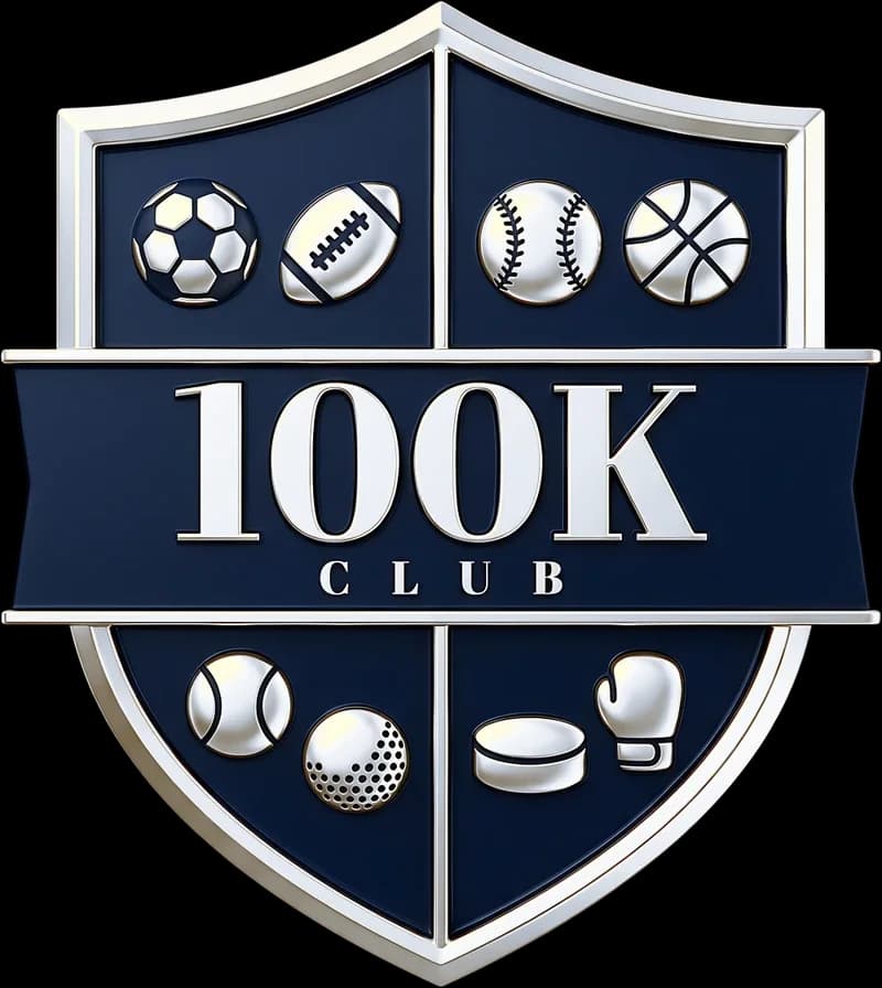 The Member crest, a navy shield with silver trim, sports-ball icons and 100K Club lettering.