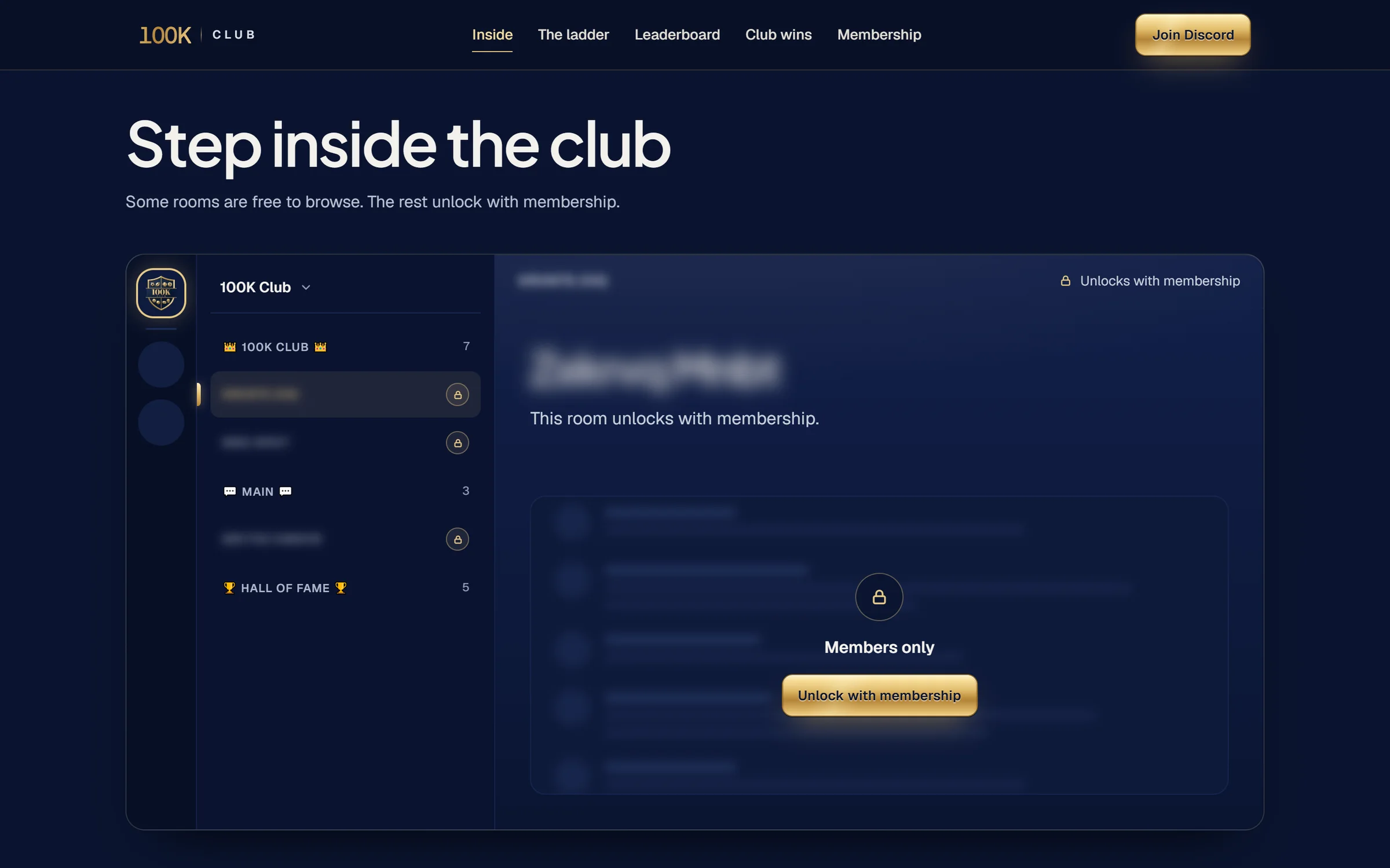 The "Step inside the club" section, a Discord-style window with the channel list and a members-only room shown locked.