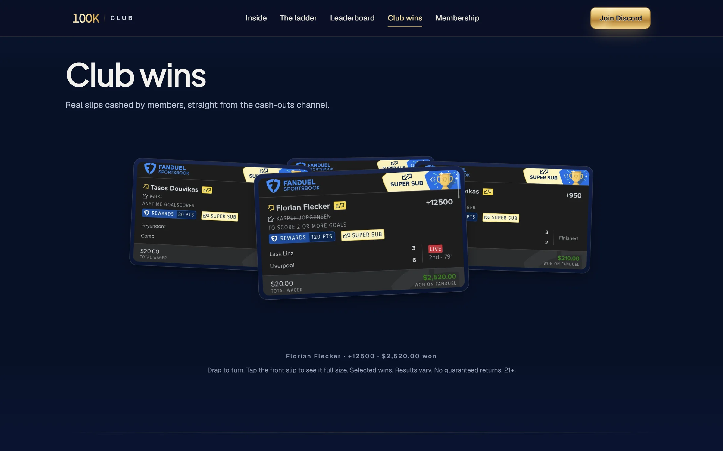 The "Club wins" section, winning bet slips fanned on a 3D ring carousel above the caption of the front slip.