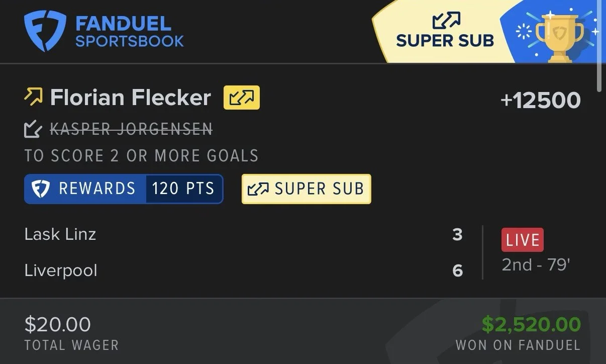 A winning FanDuel bet slip on a player to score 2 or more goals at +12500, a 20 dollar wager returning 2,520 dollars.