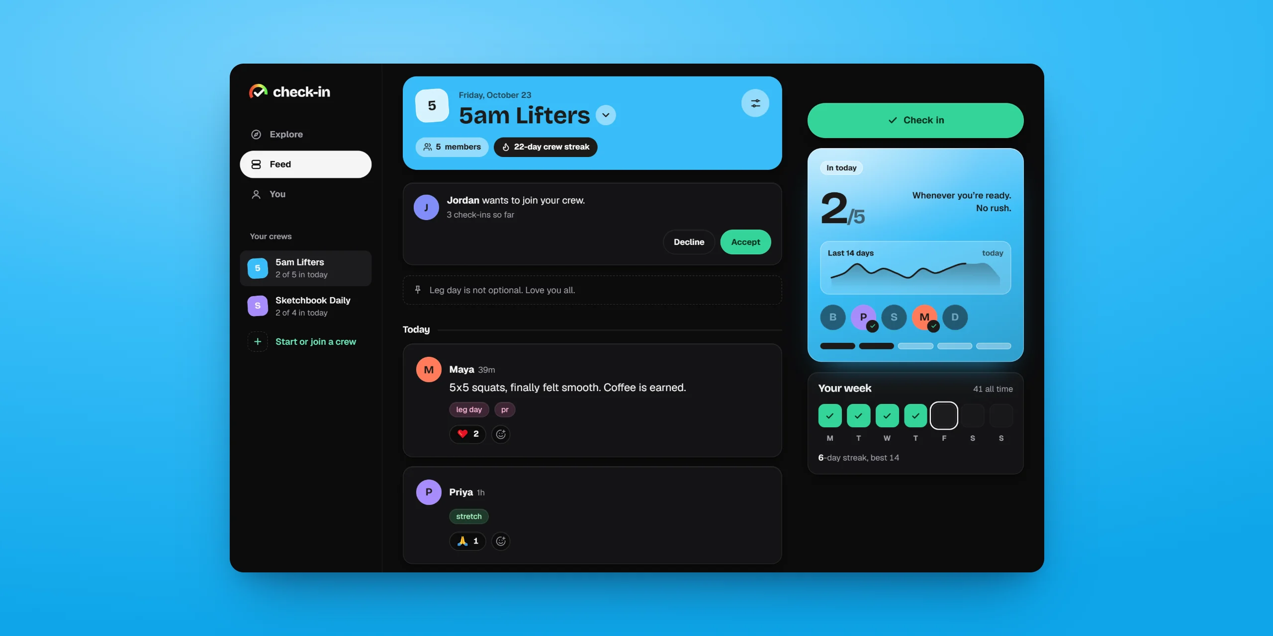 Check-in's desktop feed in dark mode, framed on a sky-blue backdrop, with a crew banner, posts with reactions and a rail showing 2 of 5 crewmates in today.