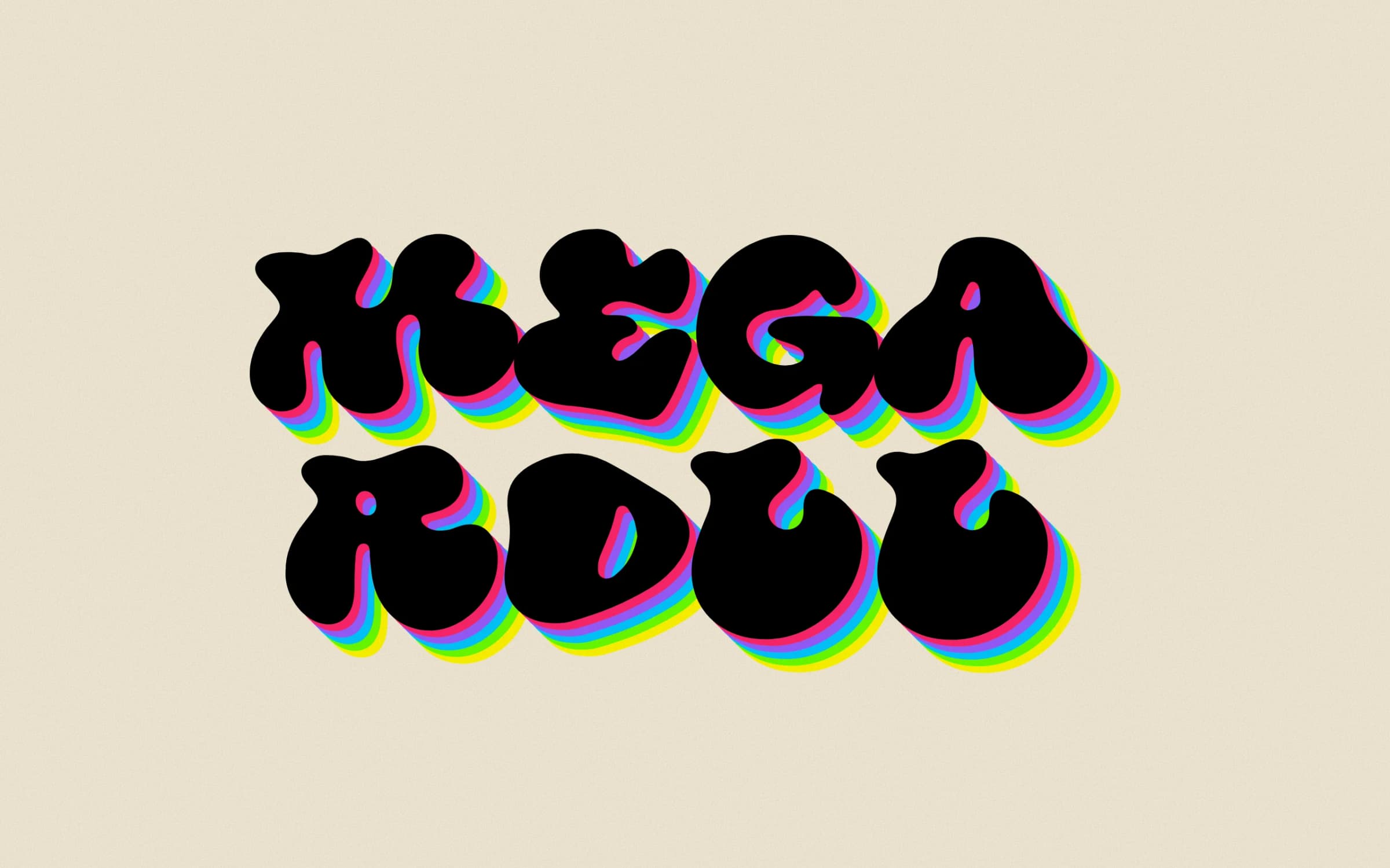 The MEGA ROLL logo in bubbly black letters with a pink, cyan, green and yellow offset shadow, on cream.
