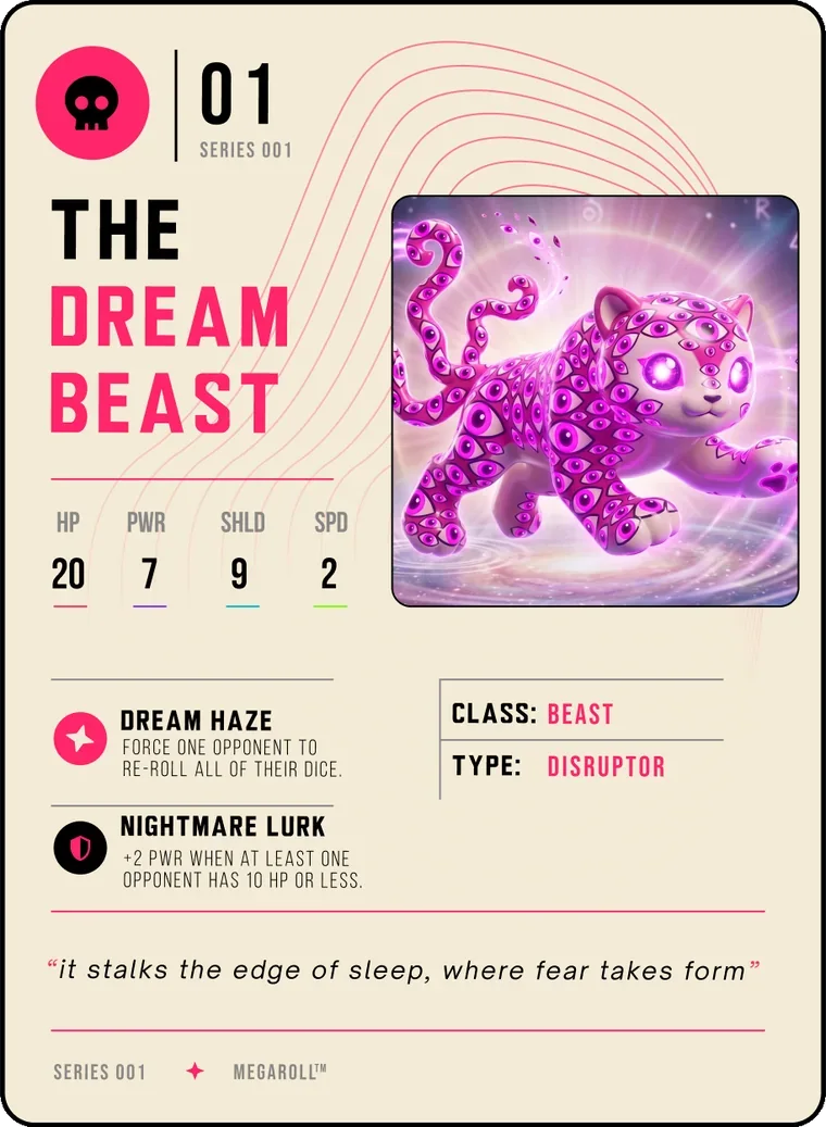 The Dream Beast character card, a pink many-eyed cat creature, with stats and the abilities Dream Haze and Nightmare Lurk.
