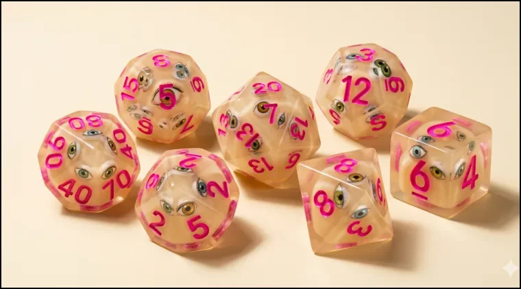 A seven-piece translucent cream dice set with pink numbers.