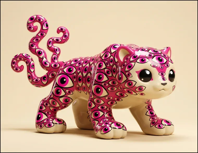 A vinyl mini of the Dream Beast, a pink cat creature covered in eyes with tentacle tails.