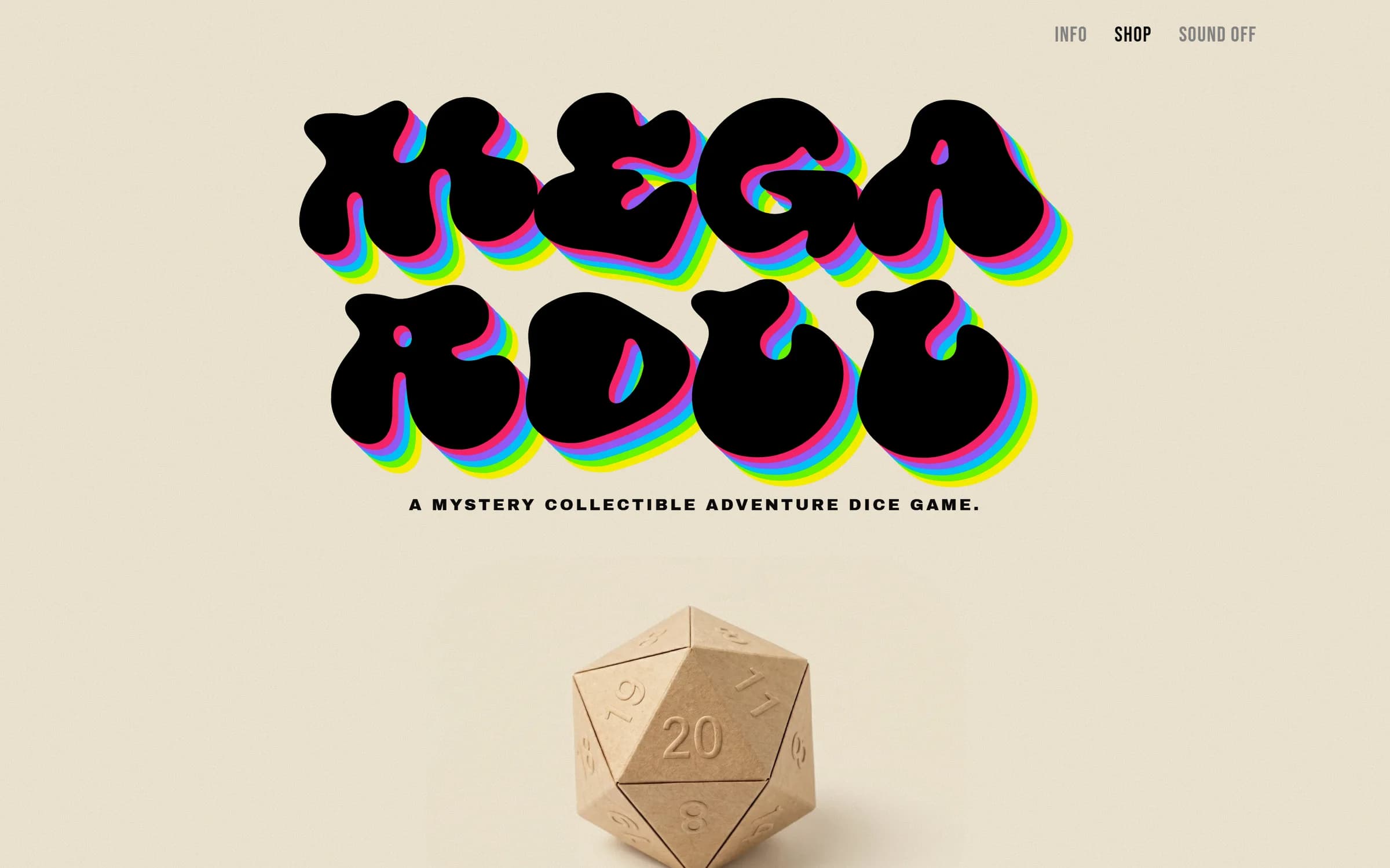 The Mega Roll landing page, "MEGA ROLL" in bubbly black letters with a pink, cyan and yellow offset, above the kraft D20 box.