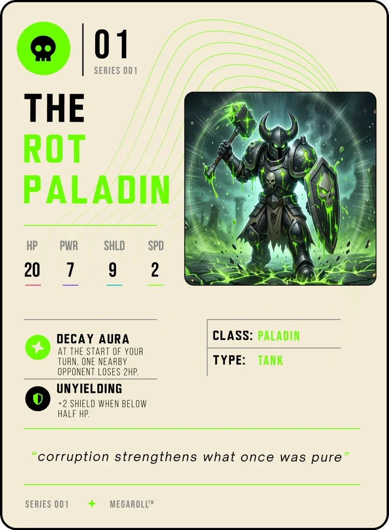 The Rot Paladin character card, an armored knight with green rot, stats HP 20, power 7, shield 9, speed 2 and two abilities.