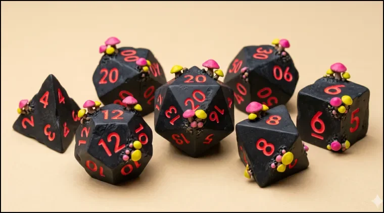 A seven-piece black dice set with red numbers and green and pink flecks.