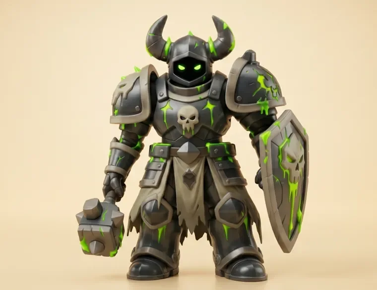 A vinyl mini of the Rot Paladin, a horned armored knight with glowing green cracks, holding a mace and shield.