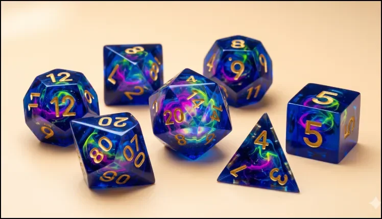 A seven-piece translucent blue dice set with swirling purple and gold inclusions.