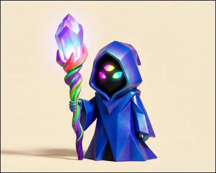 A vinyl mini of the Spellbender, a hooded blue wizard with glowing eyes holding a crystal staff.