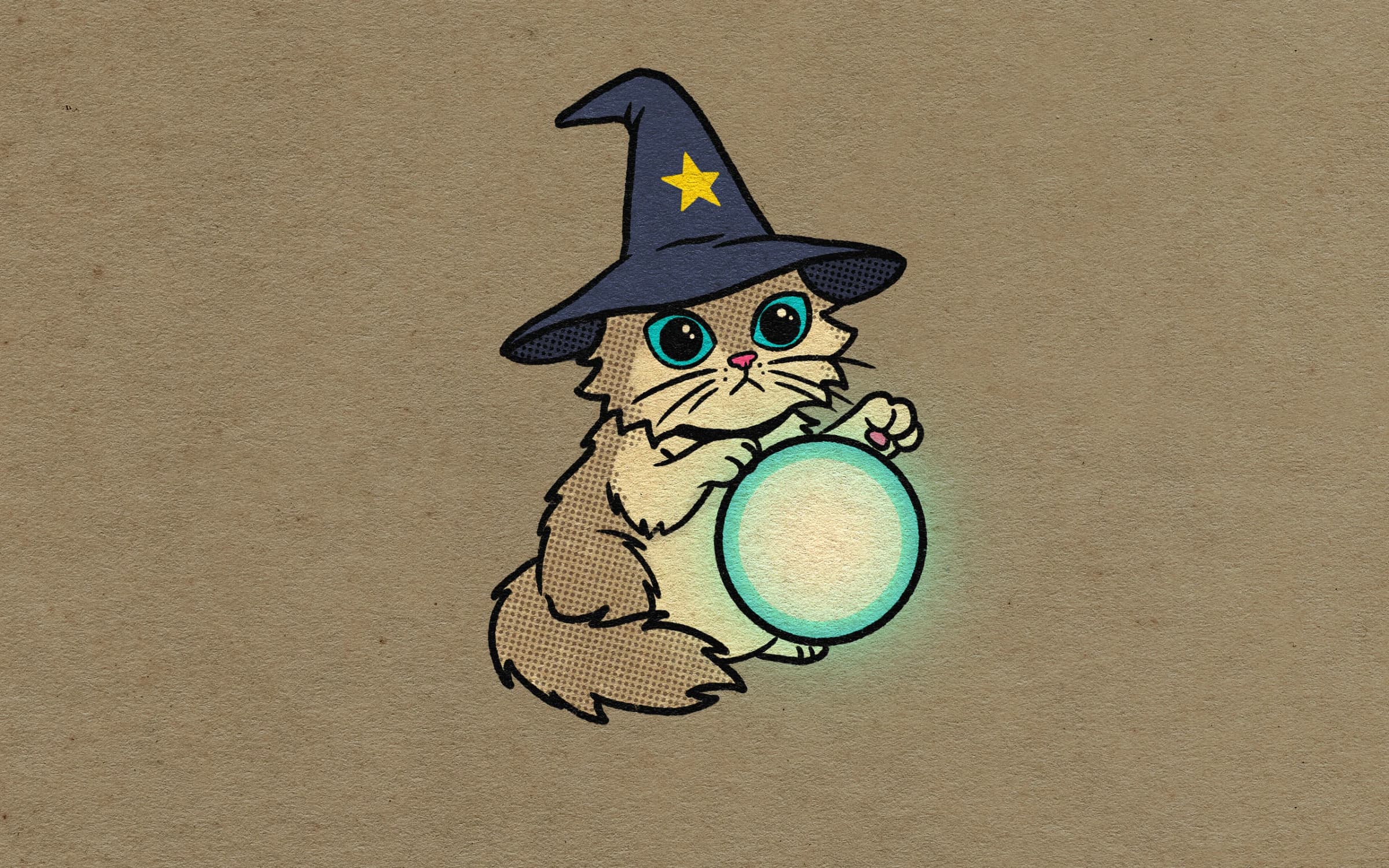 Merc, a fluffy cream cat, in a navy wizard hat with a gold star, holding a glowing crystal ball, drawn on kraft paper.