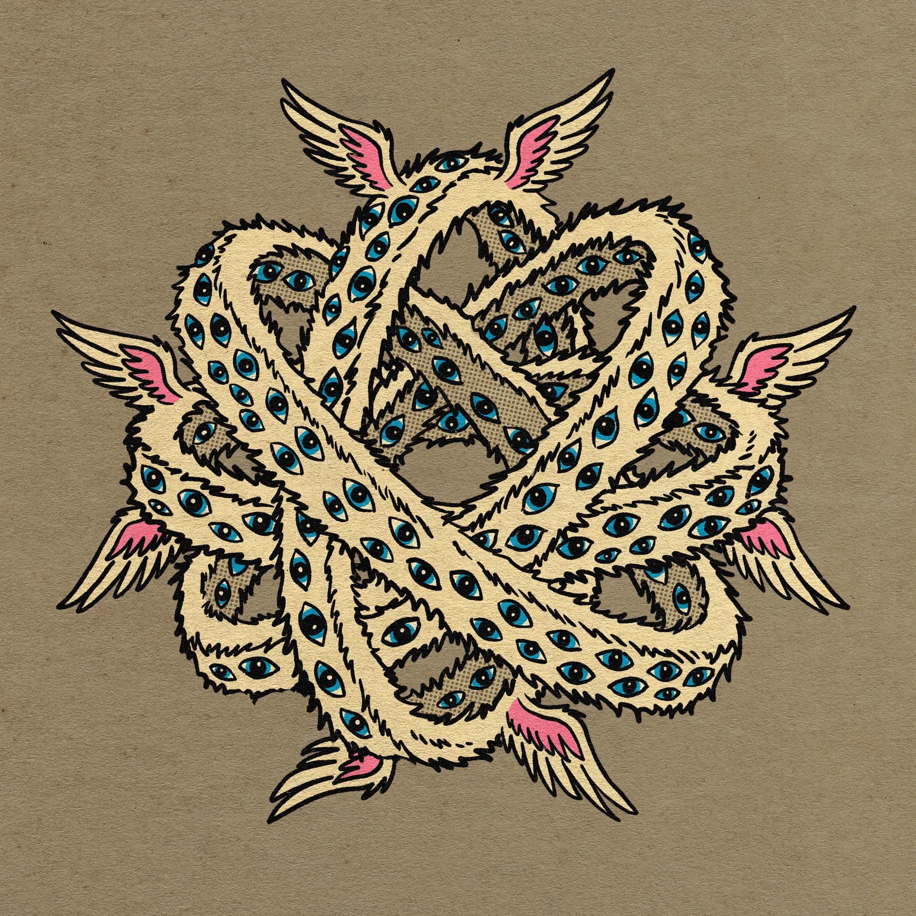 A knot of fluffy cream cat bodies covered in blue eyes, with pink-and-white wings, looping like an ouroboros.