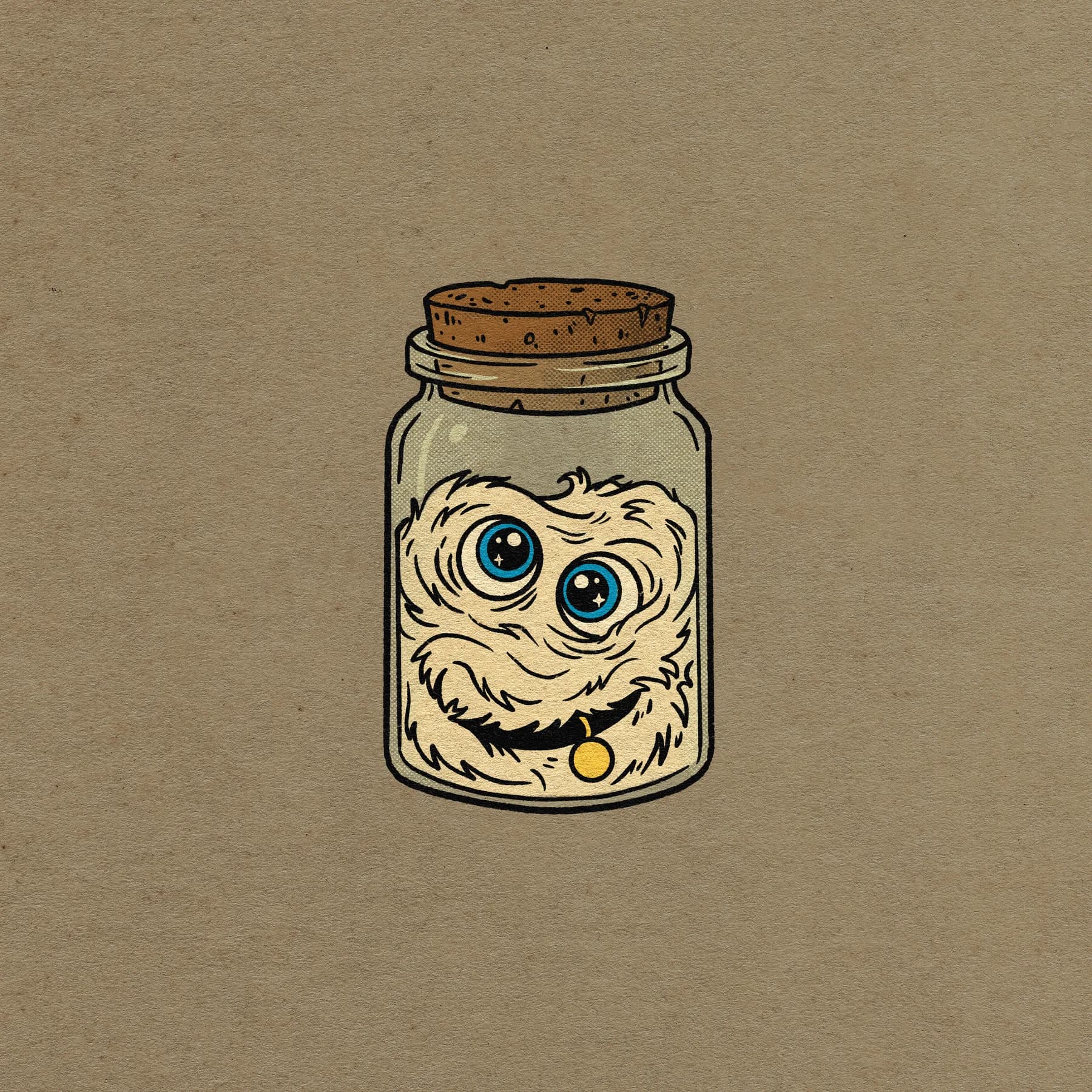 Merc's fluffy face peering out of a corked glass jar.
