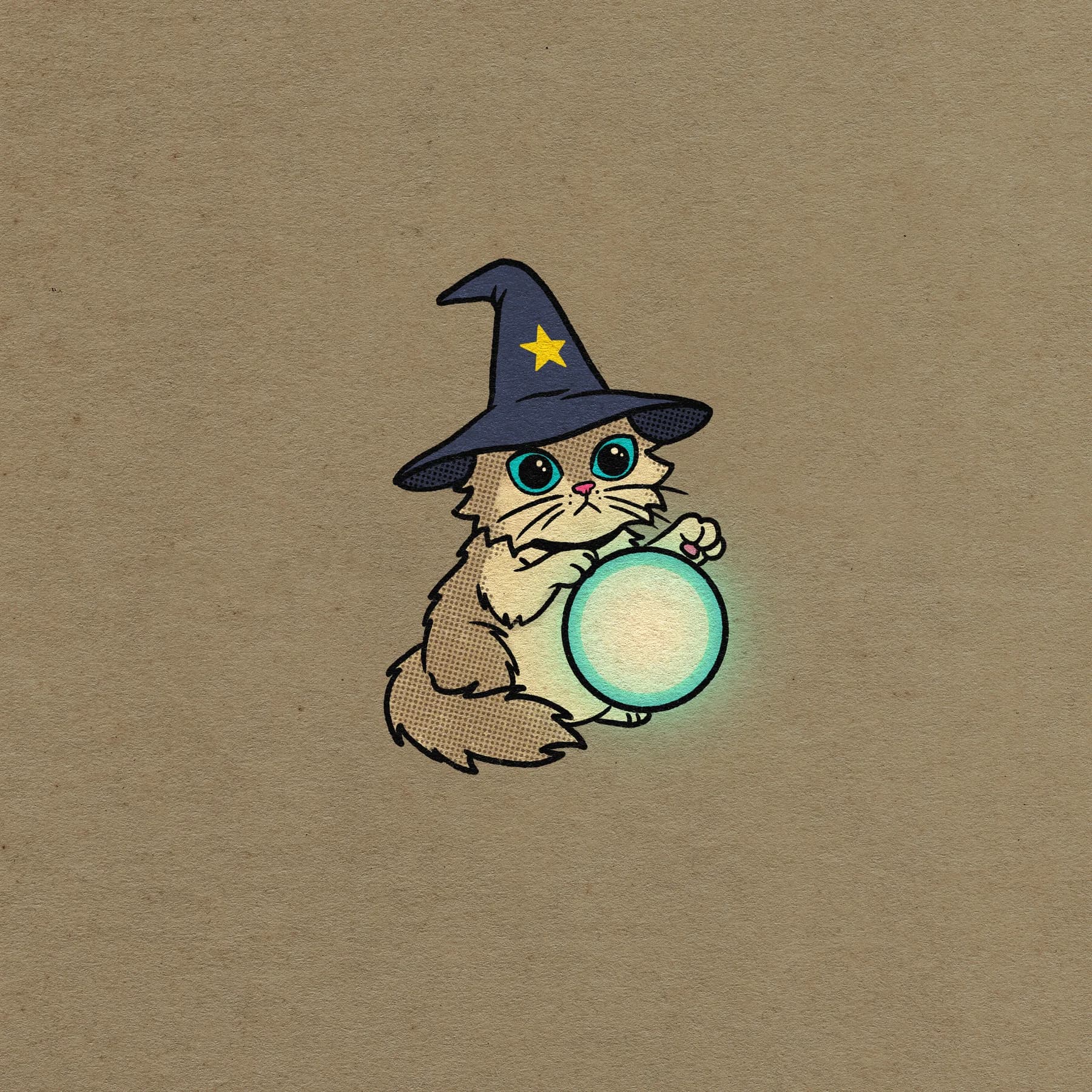 Merc in a navy wizard hat with a gold star, holding a glowing crystal ball, on kraft paper.