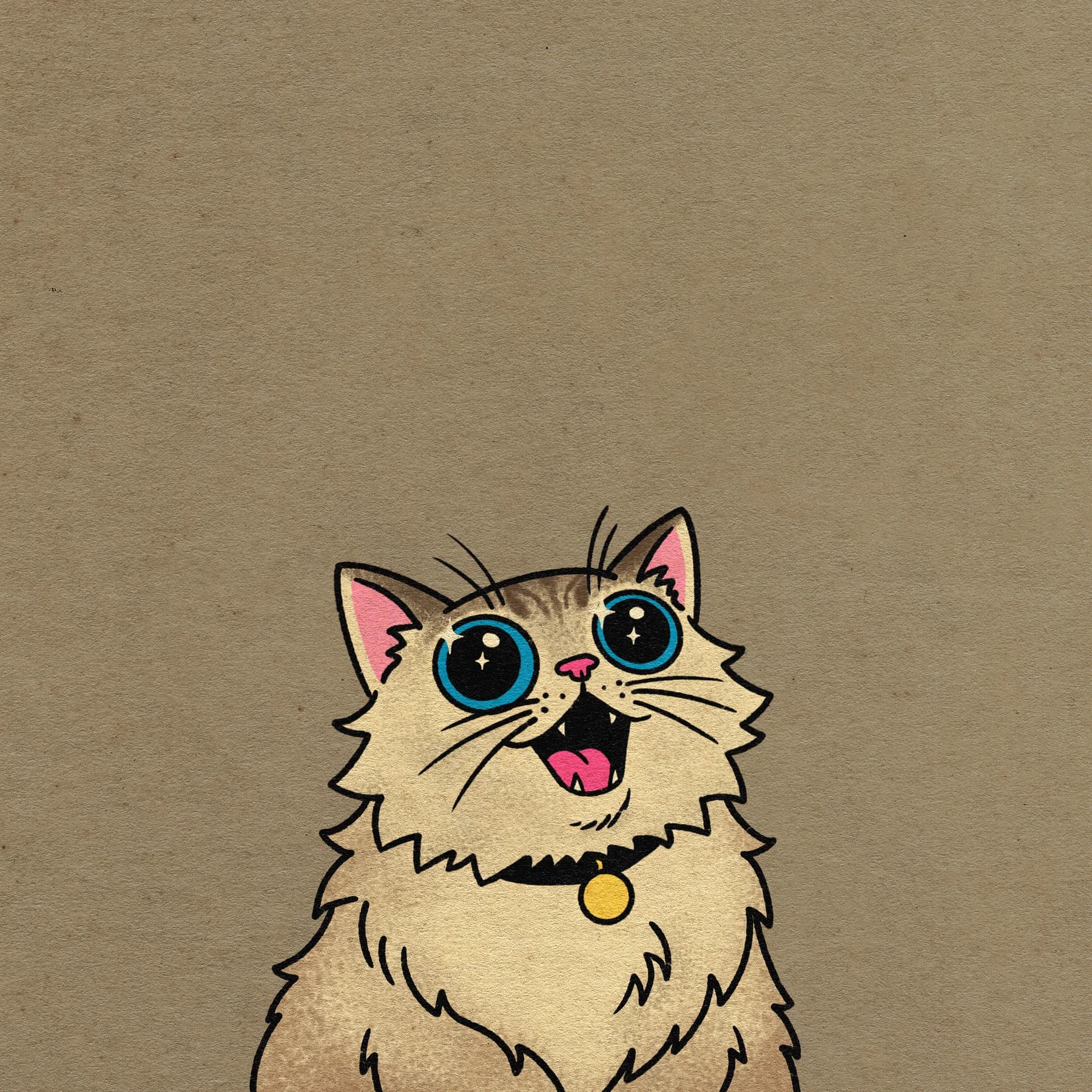 A portrait of Merc with wide, sparkling blue eyes and an open-mouthed grin, wearing a black collar with a gold tag.