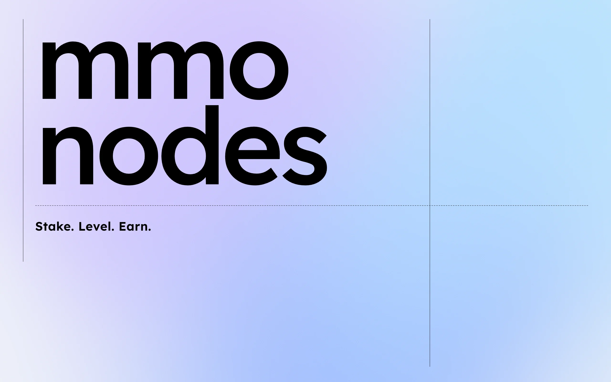 The "mmo nodes" wordmark in heavy black type and the line "Stake. Level. Earn." on a lilac-to-sky gradient with thin guide lines.