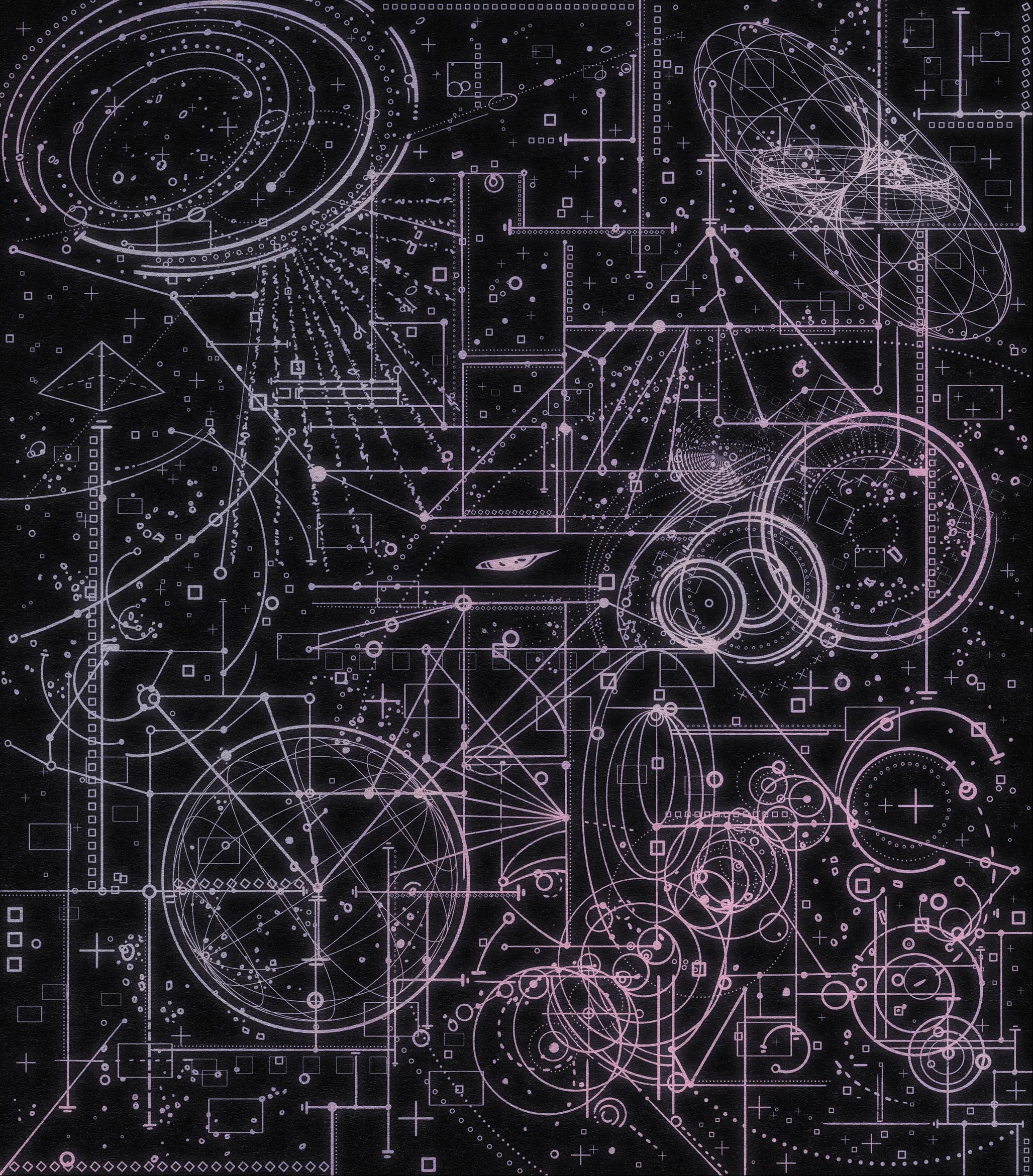 A retro-futurist schematic of circles, arcs and grids in fine lilac linework on near-black.