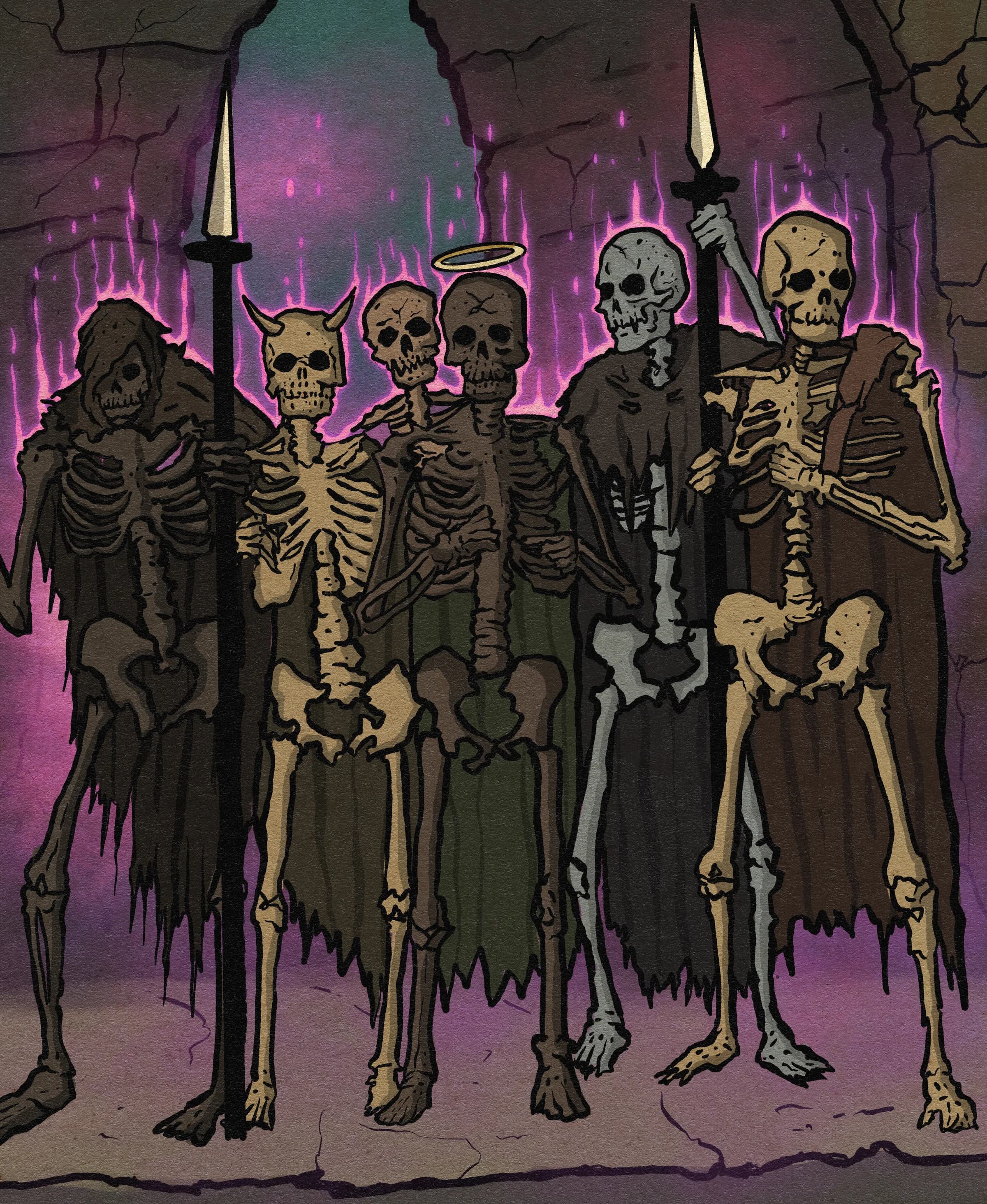 Six cloaked skeletons, two holding spears and one with a halo, stand in a ruined stone hall lit by magenta flames.