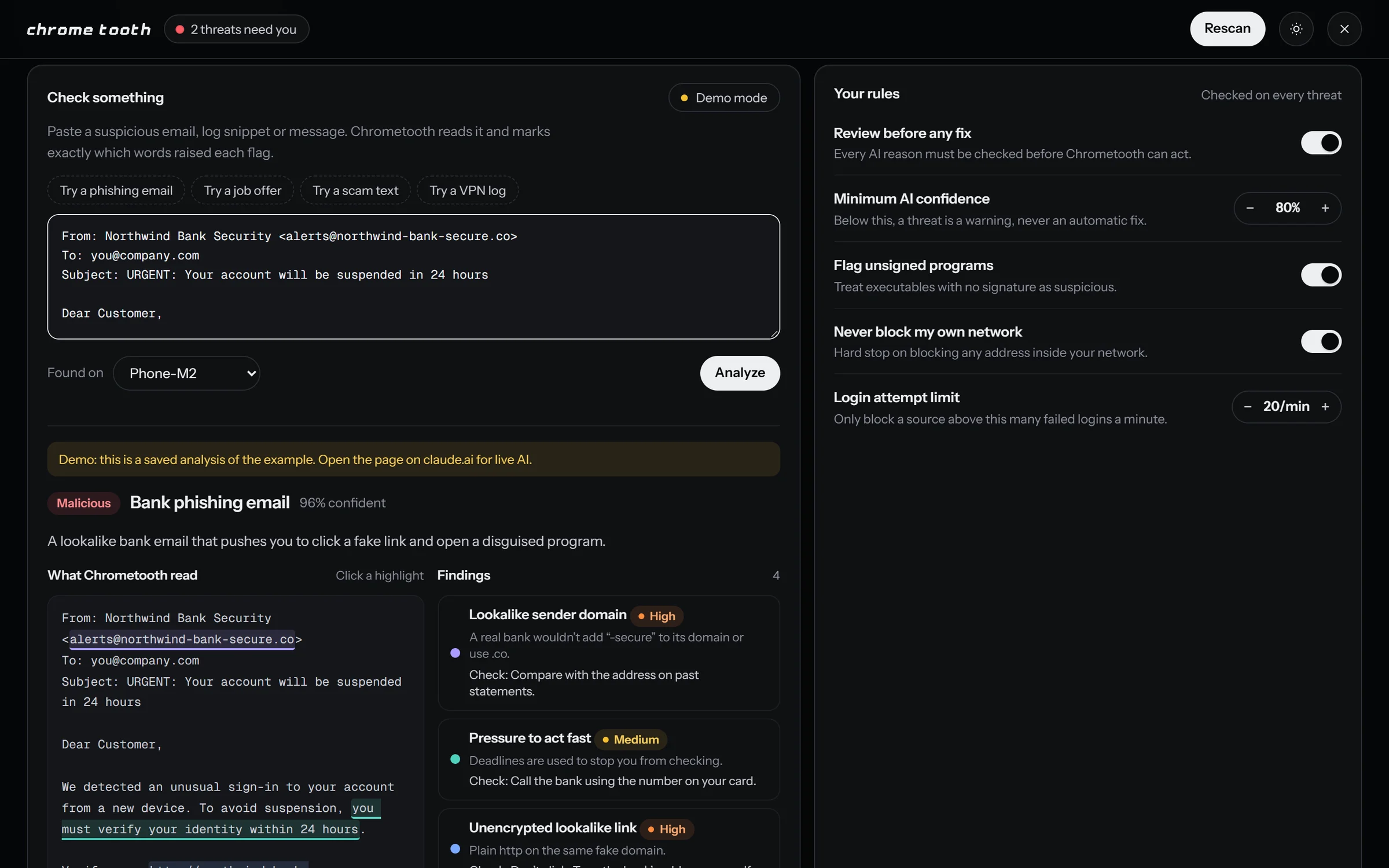 The Check something panel in Demo mode, a phishing email rated malicious with 96% confidence, its suspicious phrases underlined in the source and four findings listed beside it, next to Your rules with toggles and limits.