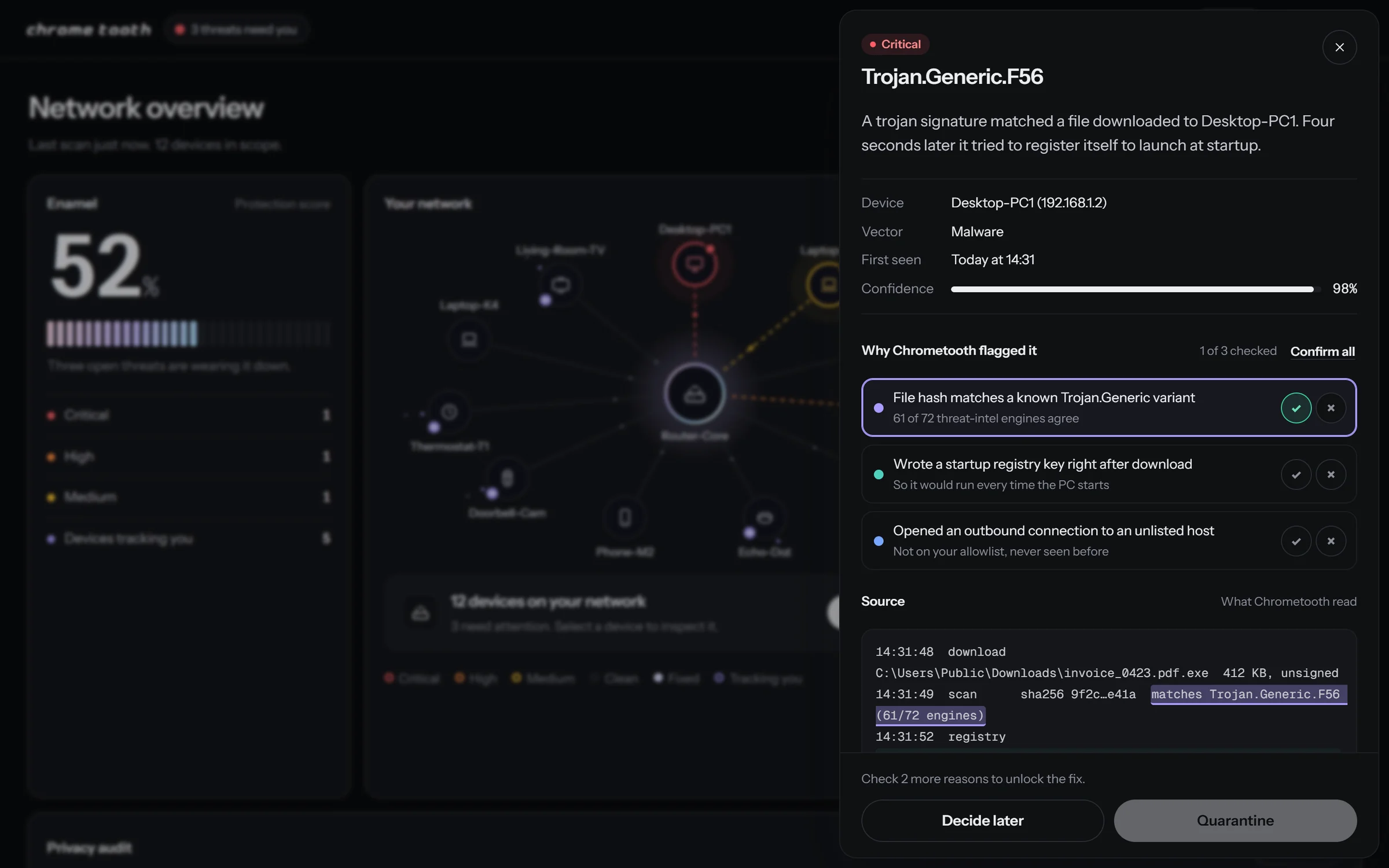 A threat drawer for Trojan.Generic.F56 over the blurred dashboard, with three reasons the AI flagged it, the first confirmed and highlighted, and the matching log line highlighted in the source below.