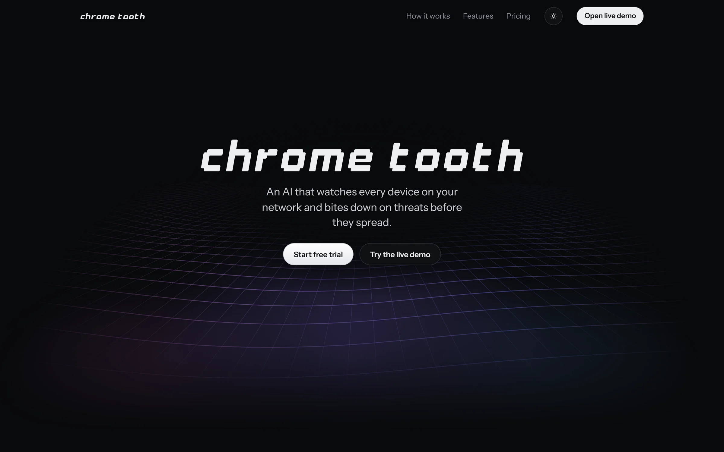 The Chrometooth landing page in dark mode, the chrome tooth pixel wordmark over a violet wave grid, with Start free trial and Try the live demo buttons.