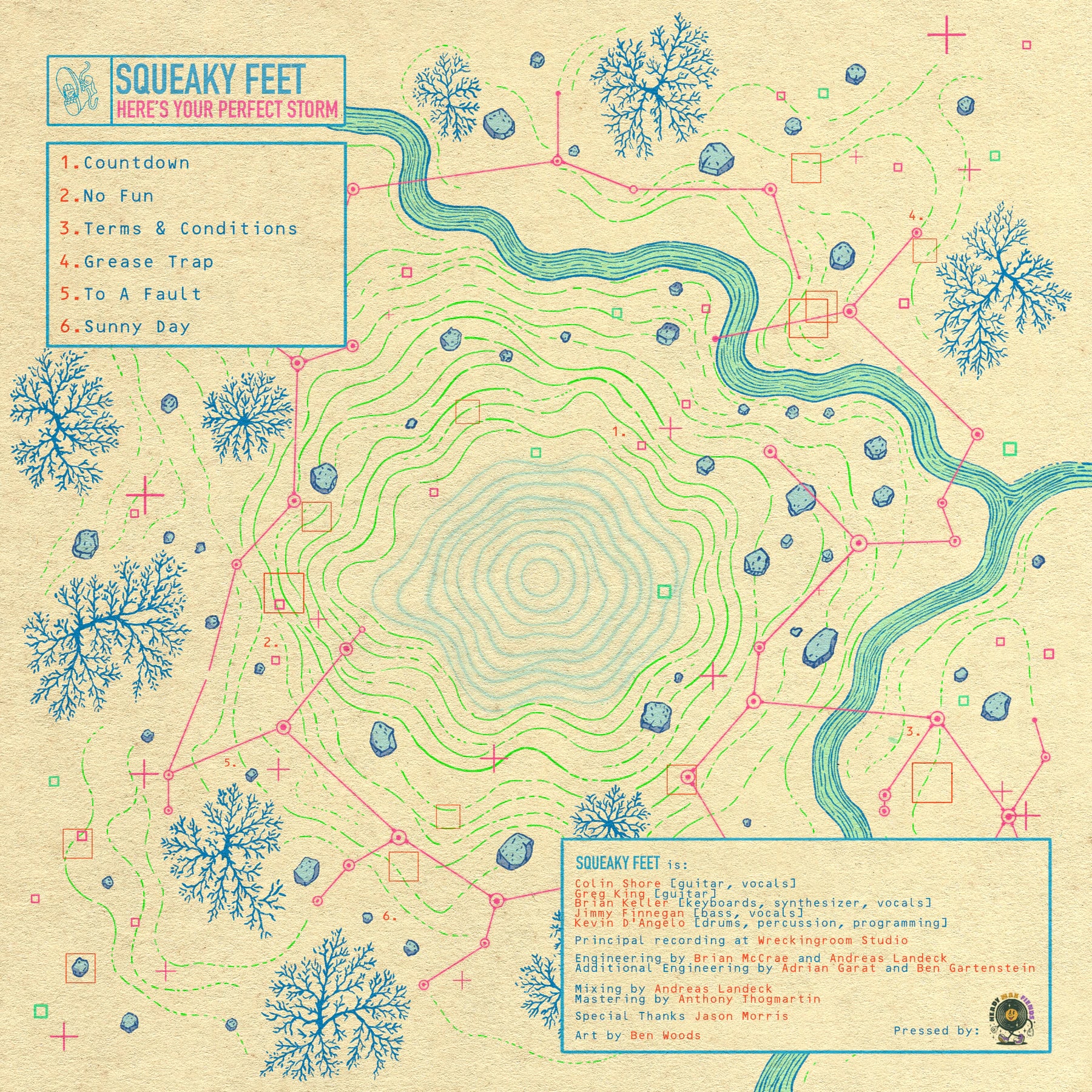 The back cover, a survey map of the strike site with contour lines, blue trees and a turquoise river, the six-song tracklist in a box at top left and the credits in a box at bottom right.