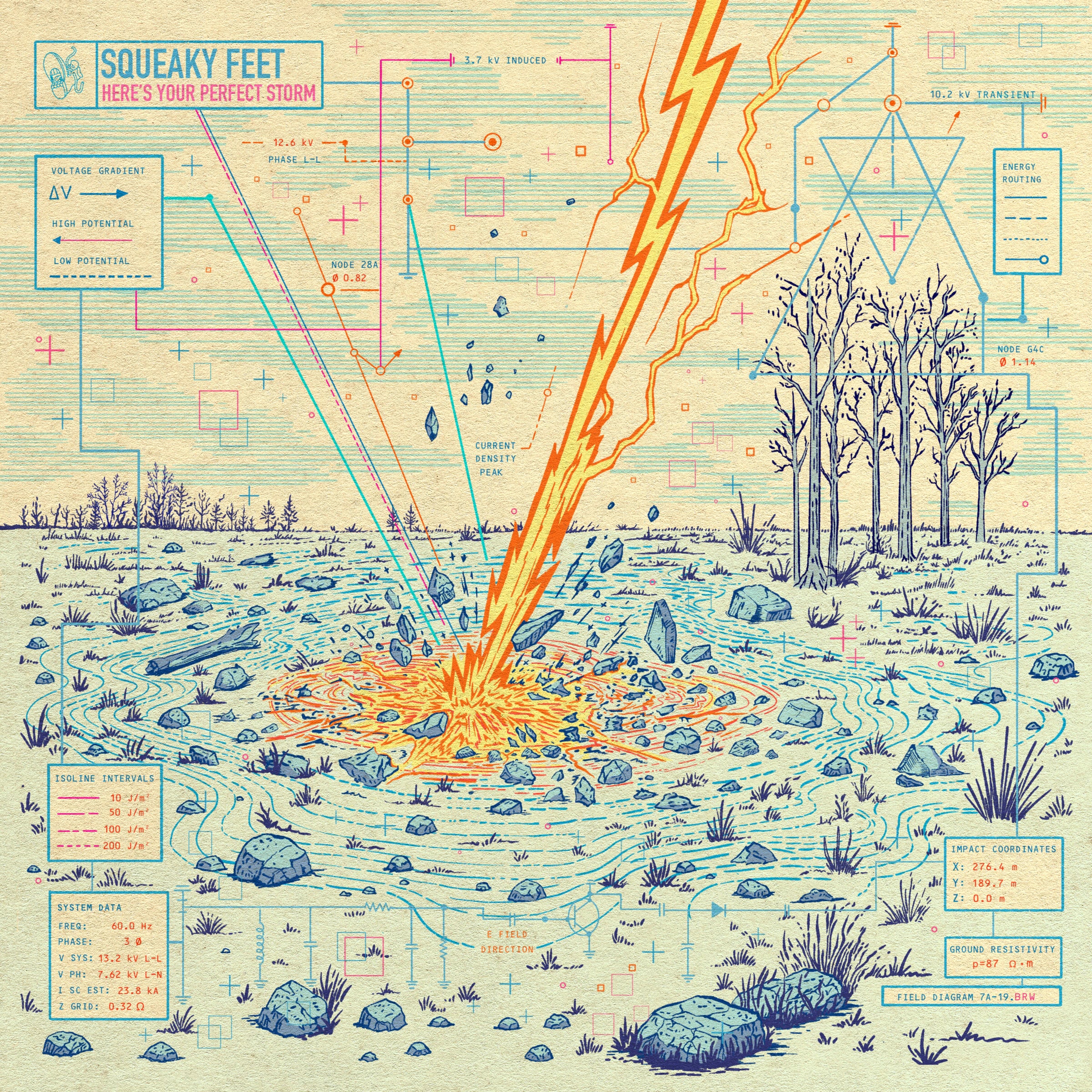 The Here's Your Perfect Storm cover: an orange lightning bolt strikes marshy ground strewn with blue rocks, drawn in fine hatching on kraft paper under a blue, pink and cyan electrical grid diagram with callout boxes, voltage labels and a Squeaky Feet title block.
