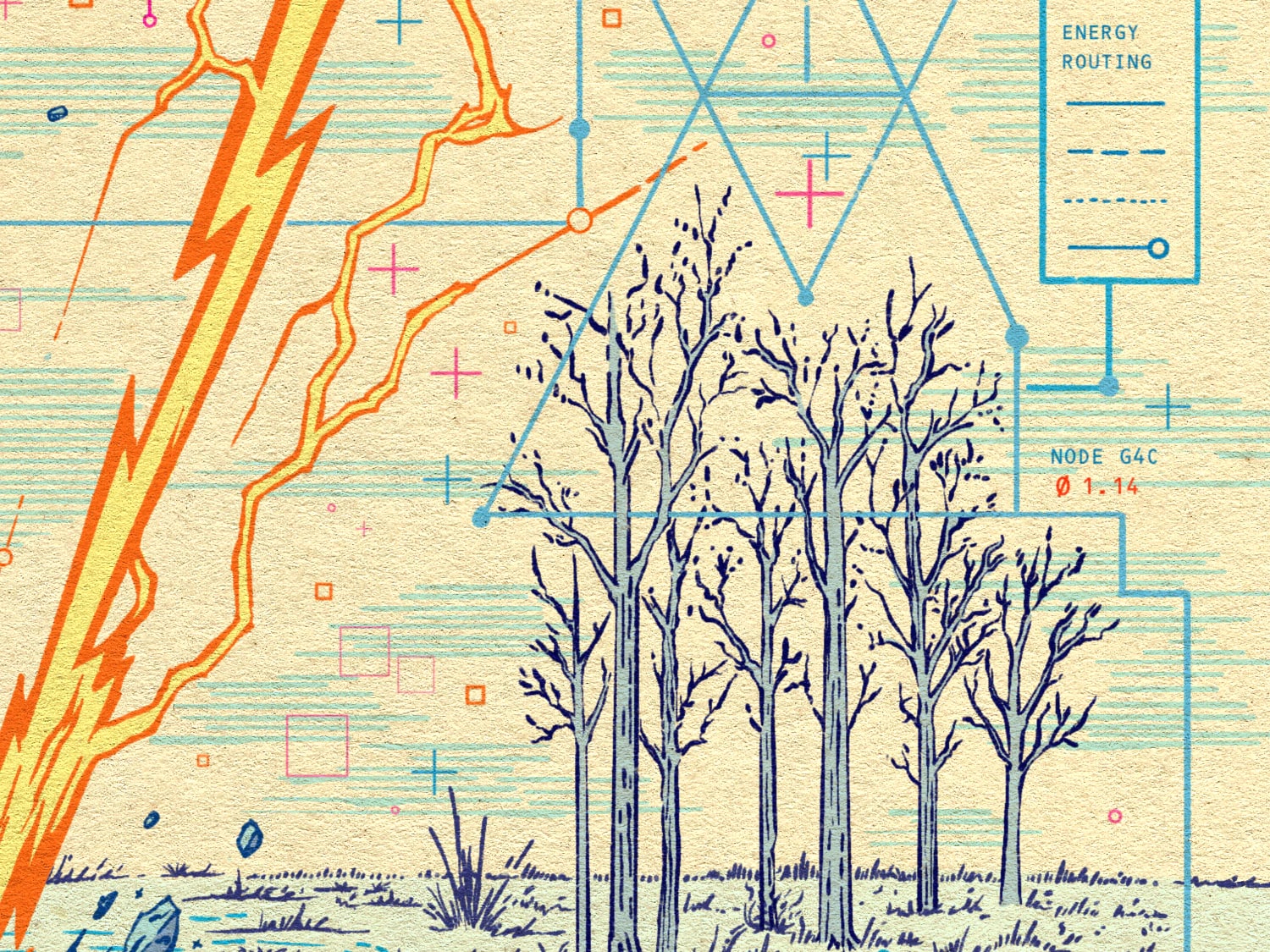 Detail of the upper right, with the orange bolt and its branches beside bare trees in fine indigo linework, crossed by the blue grid diagram, a node marker labeled G4C and the Energy Routing legend box.
