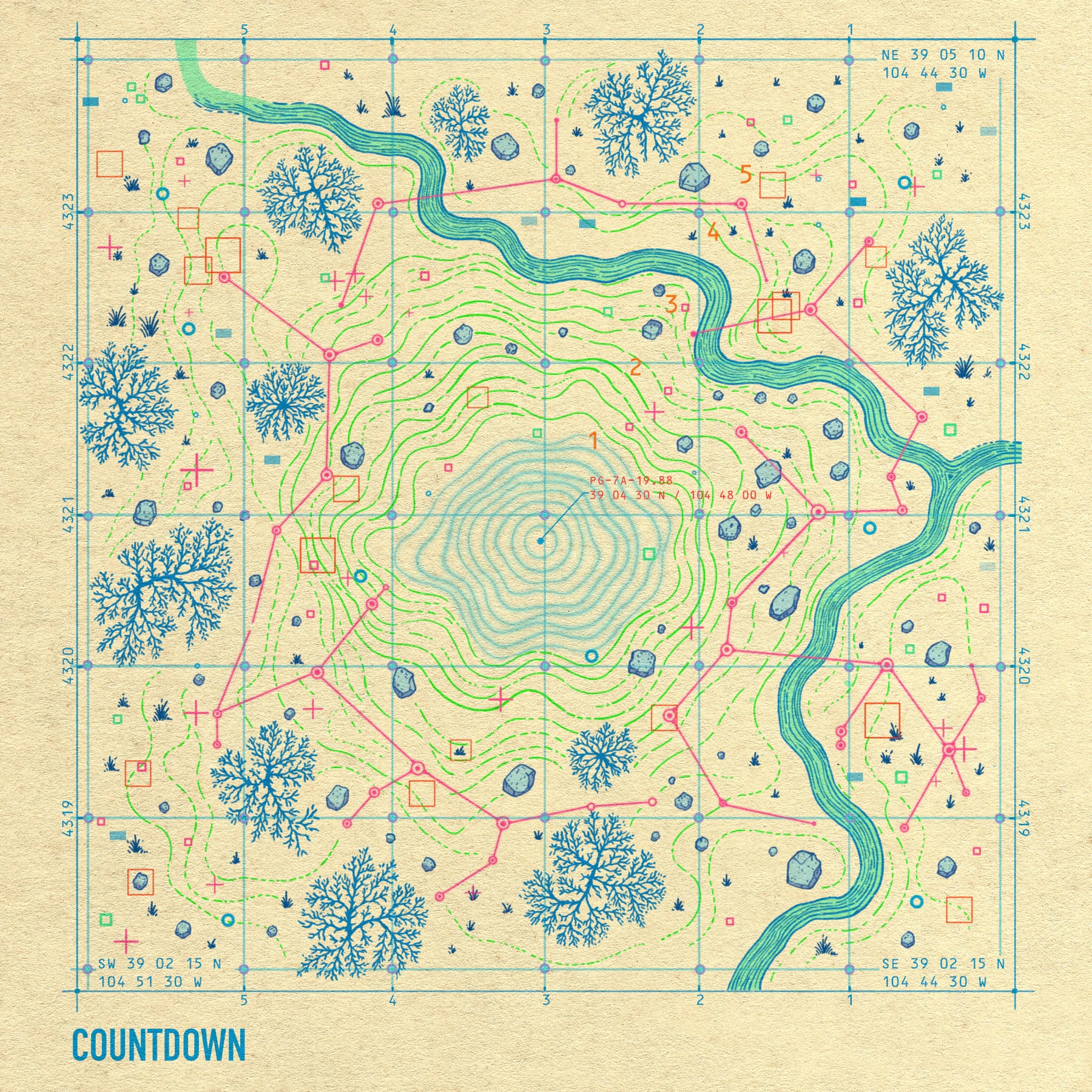 The Countdown single: an aerial survey map of the strike site on a coordinate grid, with green and pink contour lines, blue tree clusters, a winding turquoise river and dashed rings around the impact point.