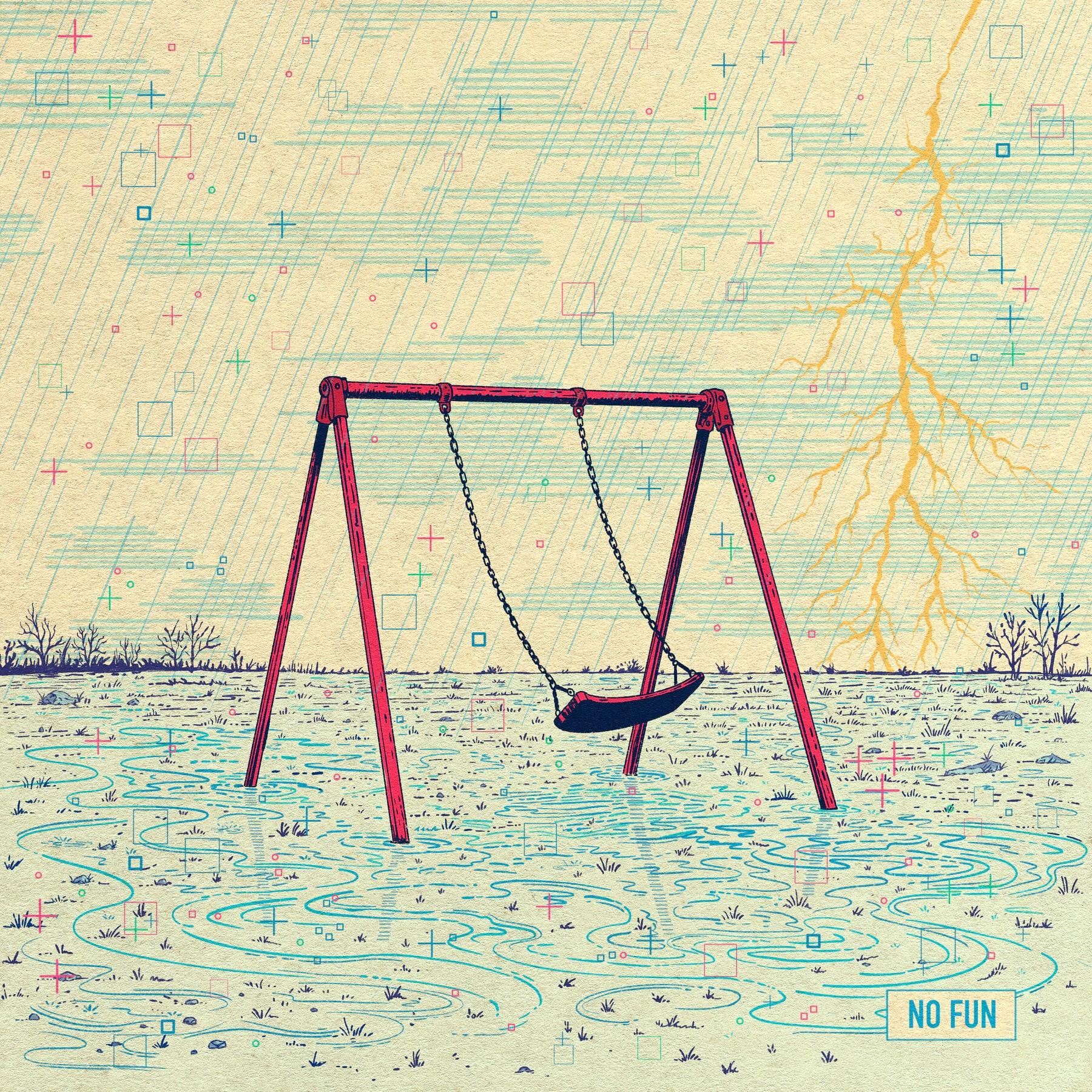 The No Fun single: an empty red swing set standing in floodwater in heavy rain, with a yellow lightning bolt striking in the distance.