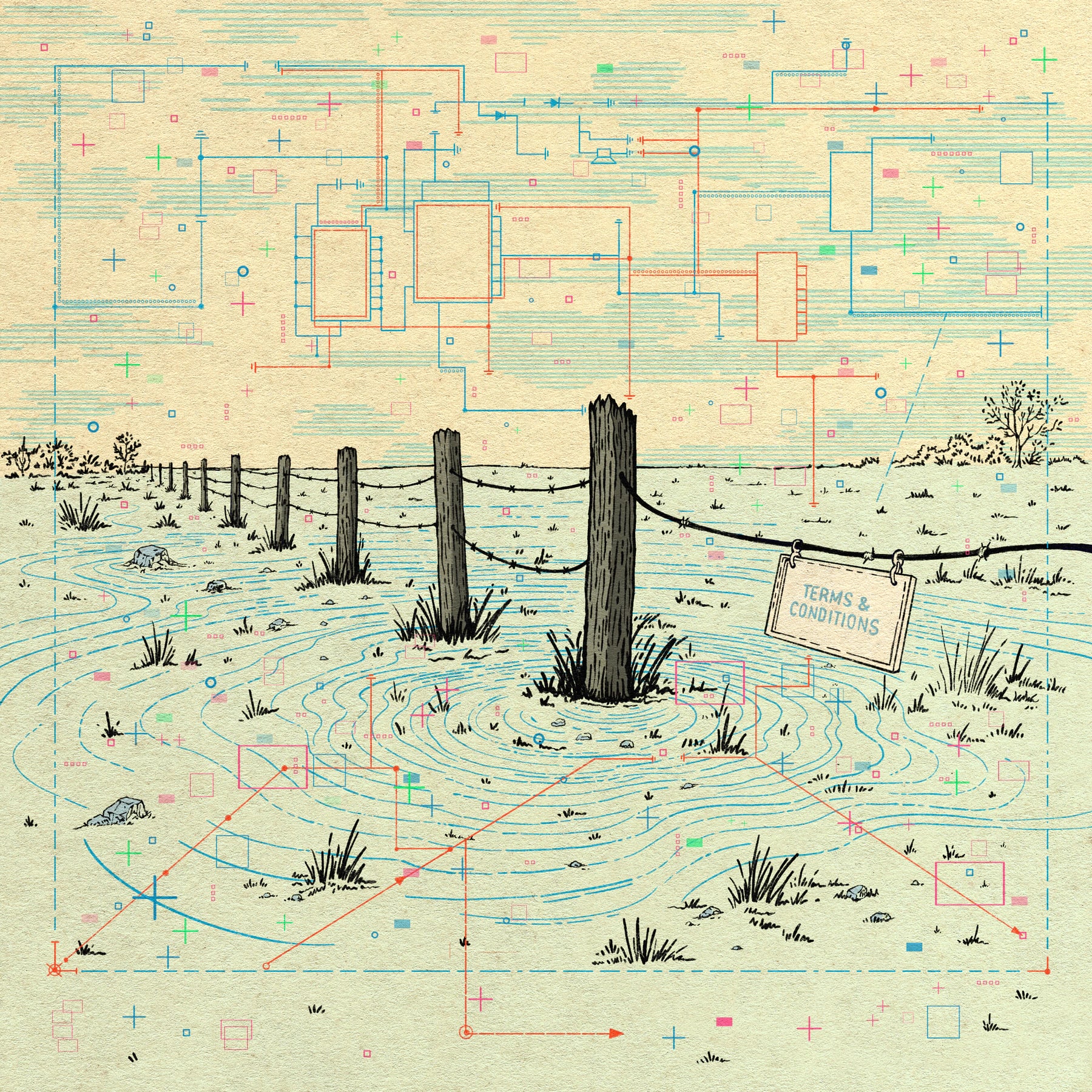 The Terms & Conditions single: a barbed-wire fence line standing in floodwater, with a small Terms & Conditions sign hanging from the wire under a faint schematic diagram.