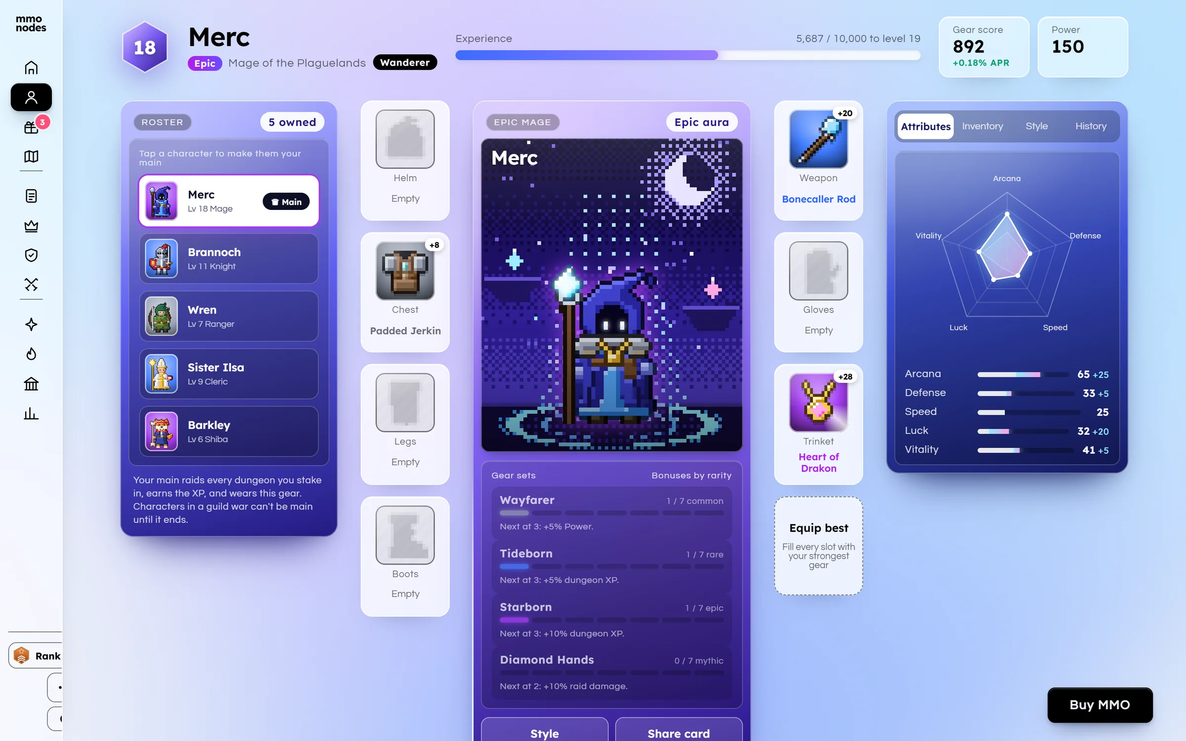 The character page for Merc, a pixel-art mage card with experience, gear slots, an equipped staff and a stat radar.
