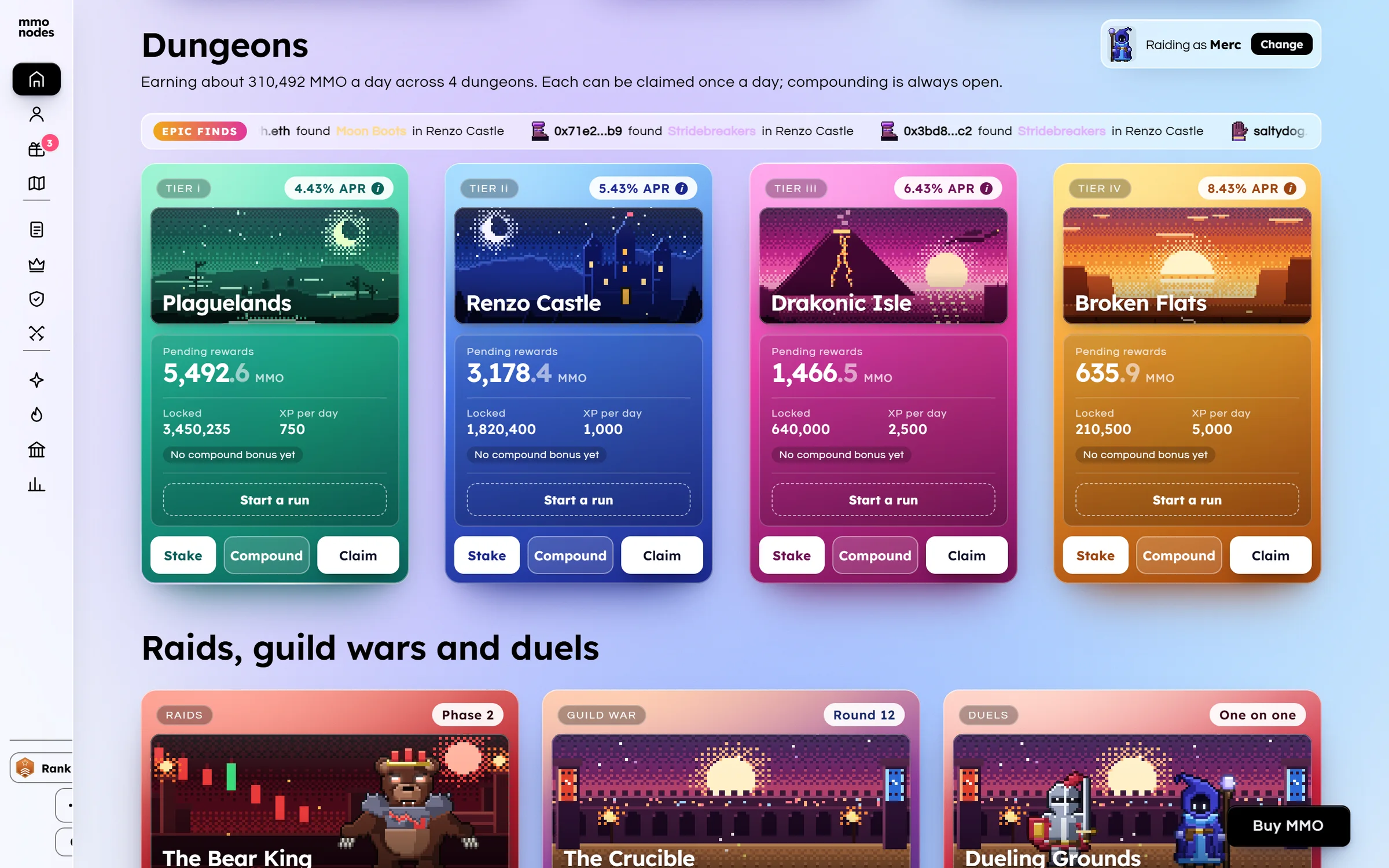 The dungeons row, four tiered trading cards for Plaguelands, Renzo Castle, Drakonic Isle and Broken Flats with APR, earnings and stake buttons, above raids, guild wars and duels.