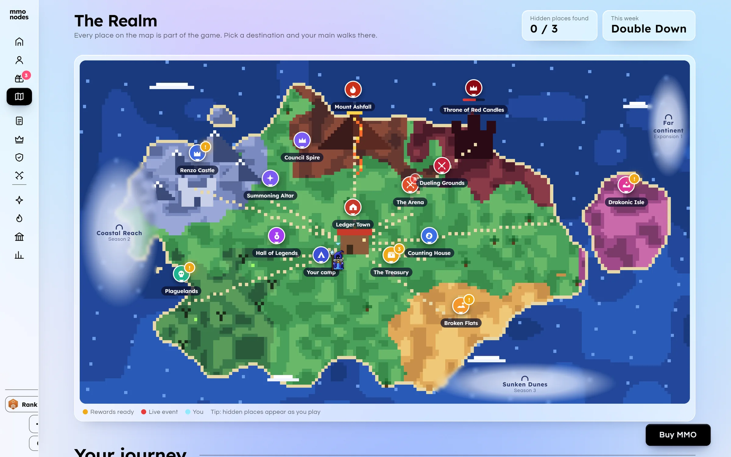 The Realm, a pixel-art island map with dungeons, raids and landmarks marked across it.