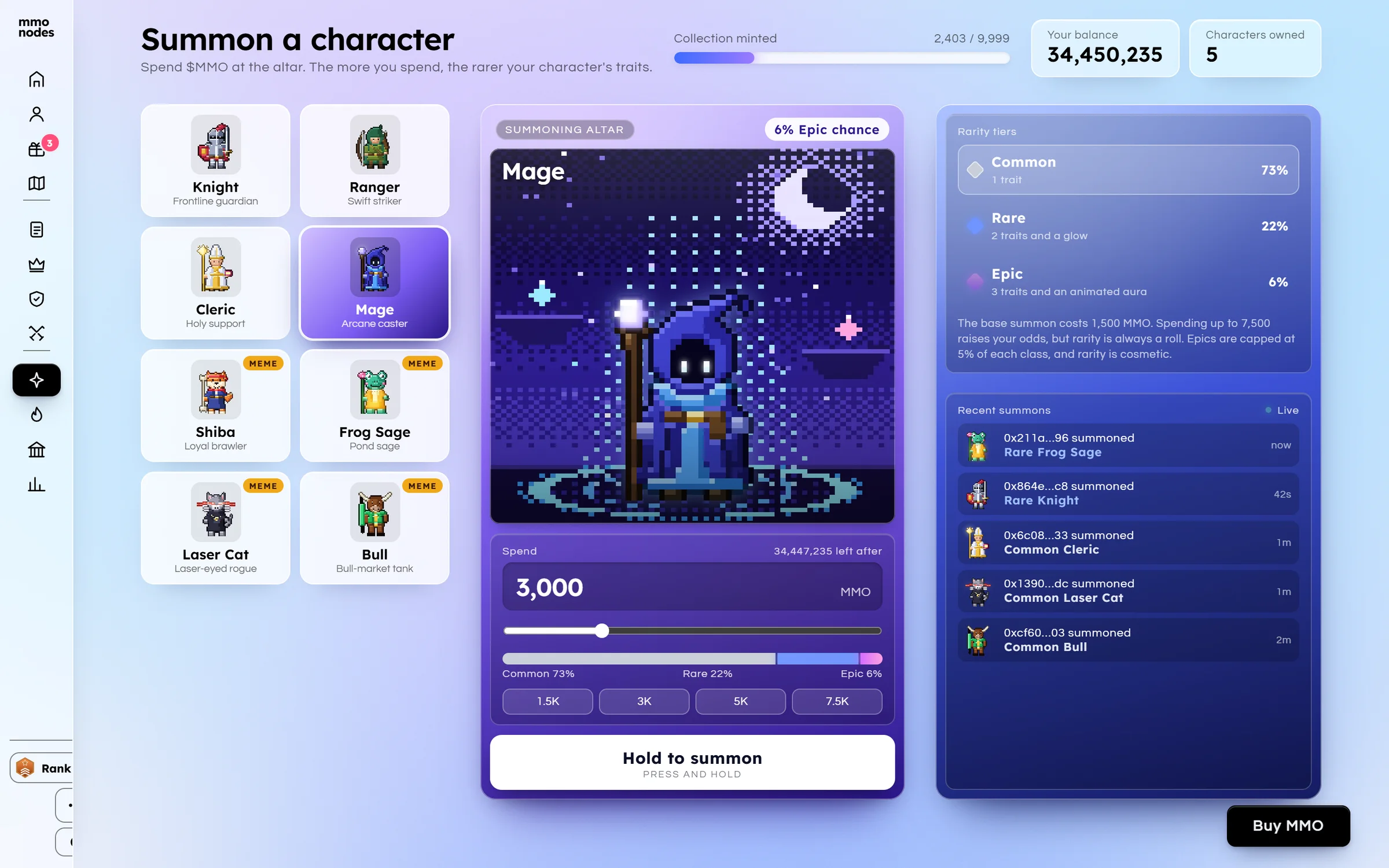 The summon page, a grid of character classes with odds, a mage card being summoned and a list of recent summons.