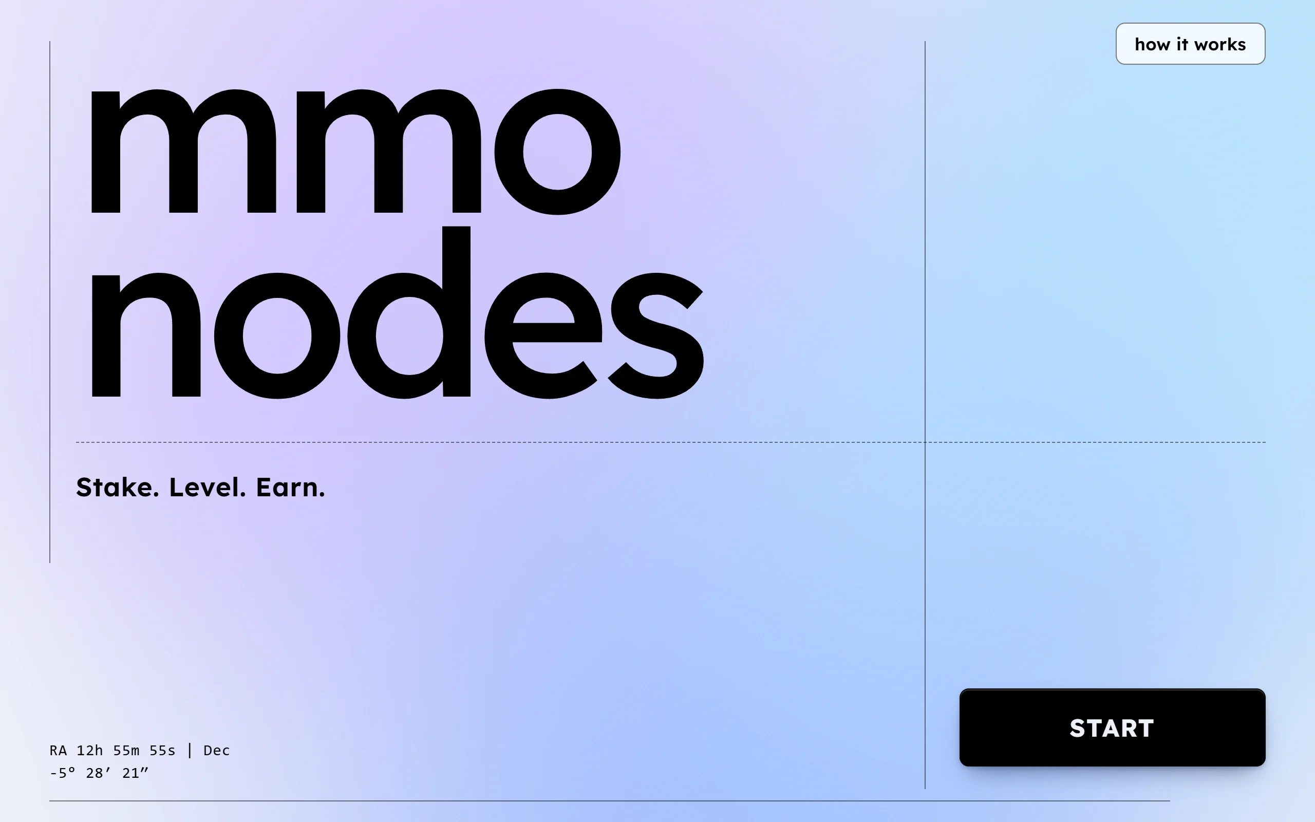 The MMO Nodes landing page, "mmo nodes" over a lilac-to-sky mesh gradient with "Stake. Level. Earn.", a how it works chip and a START button.