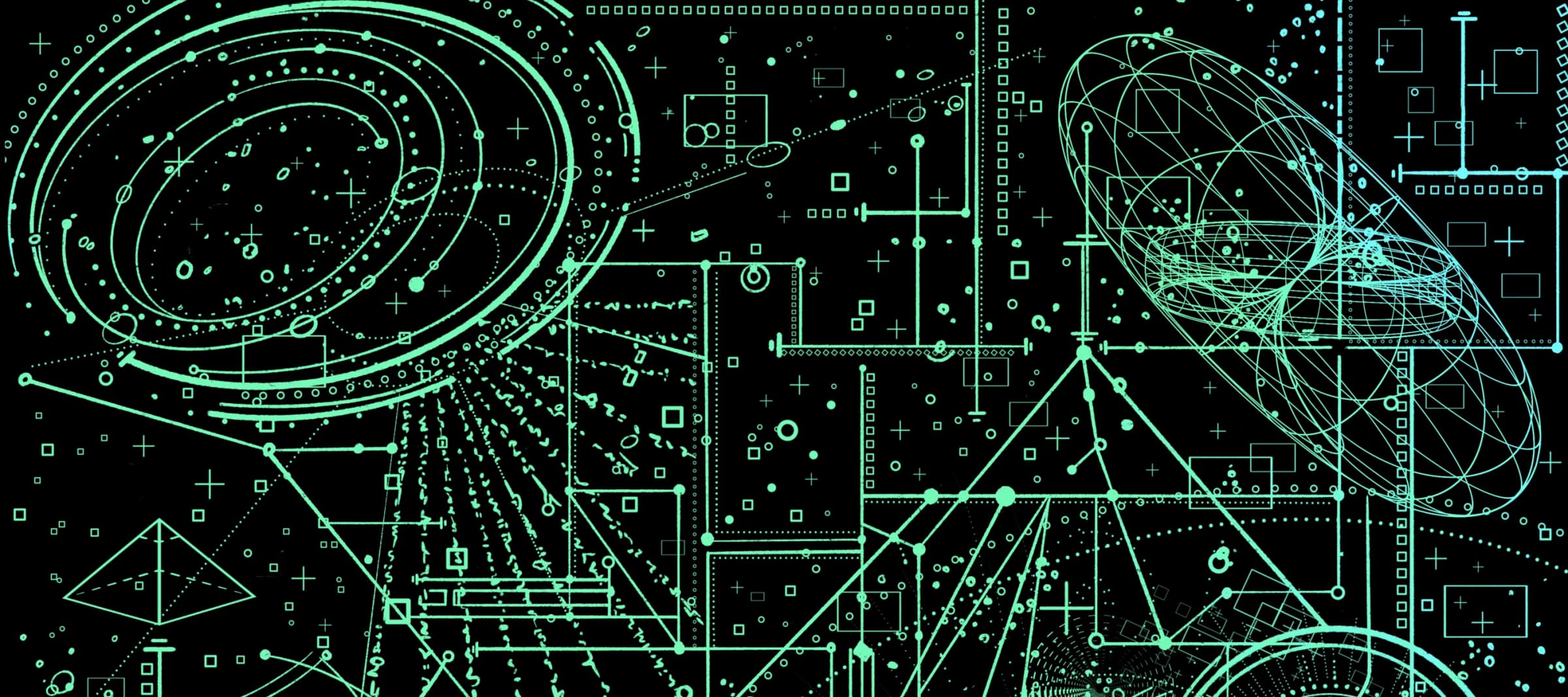 A wide desk mat design, dense green schematic linework of orbits, grids and diagrams on black.