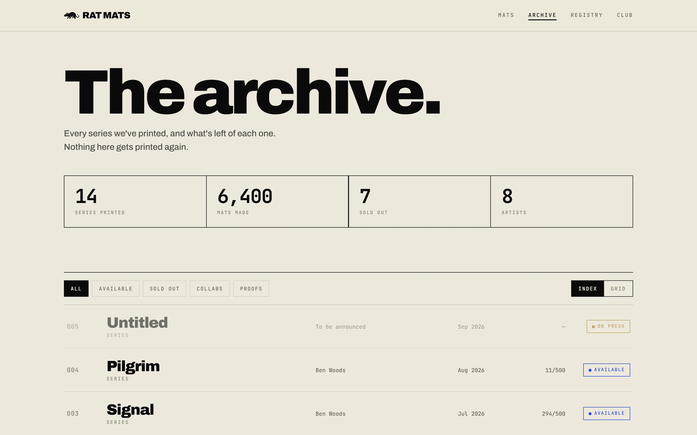 The archive section in heavy black type, a tally of series, mats, sold-out series and artists, above the ledger of past series.
