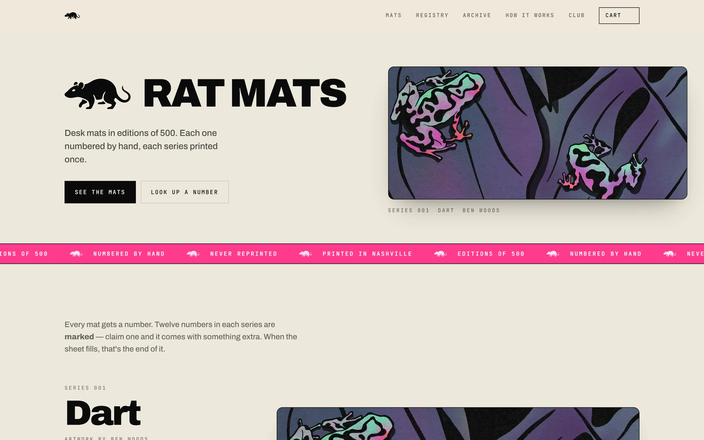 The Rat Mats storefront hero on bone paper, the RAT MATS lockup beside the Dart mat bleeding off the edge, above a pink ticker band.
