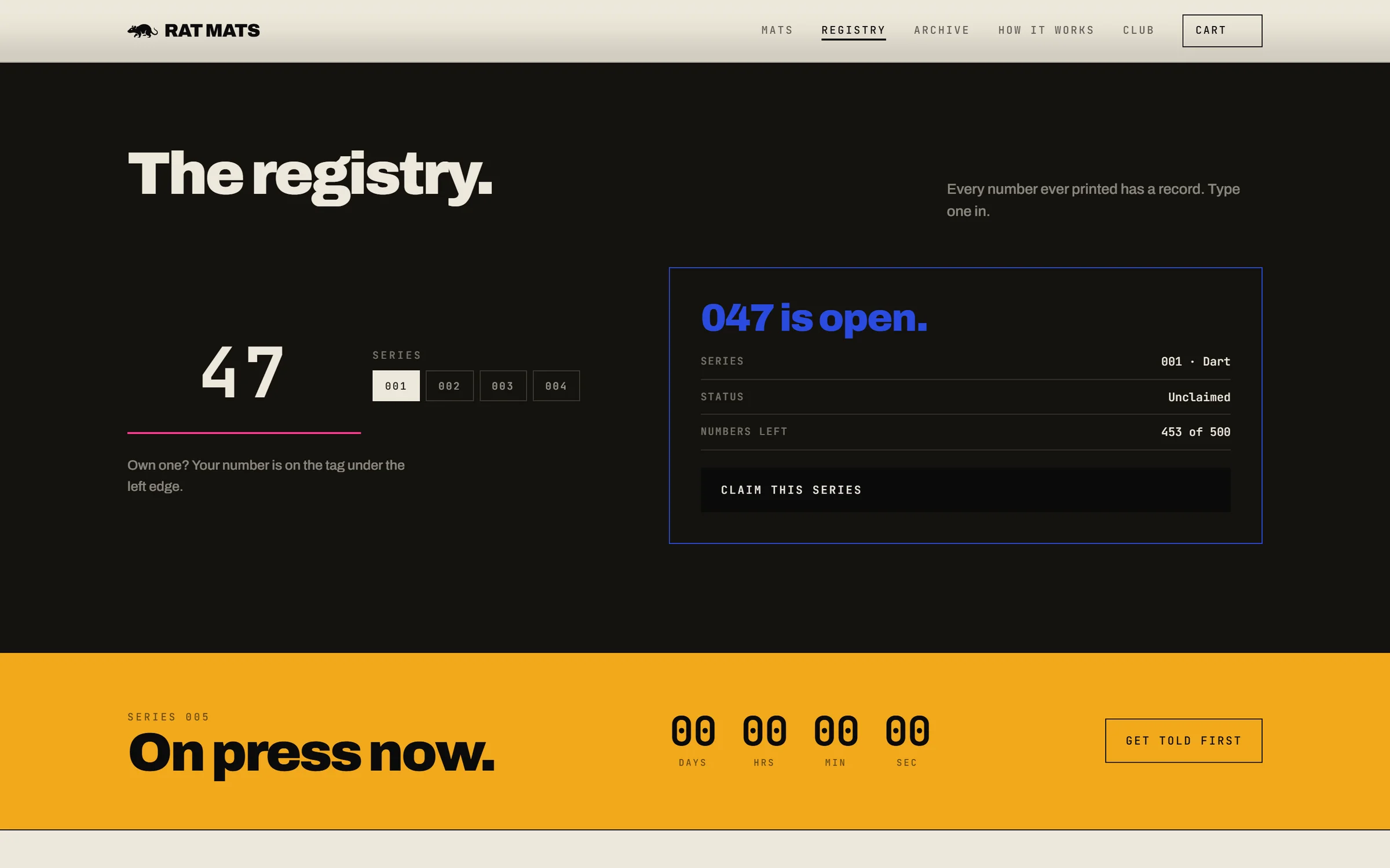The registry section on near-black, number 047 looked up and shown as open, above an amber "On press now." countdown band.